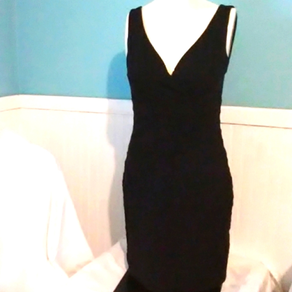 🖤Fabulous Vtg 90s Express PinUp Black Low Stitch Cross Panel Cocktail Dress - S